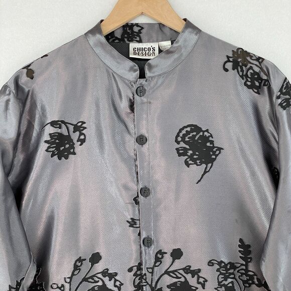 CHICO'S DESIGN Tunic 3 XL/16 Floral Jacquard Jacket Mandarin Button Front Gray - Picture 4 of 16
